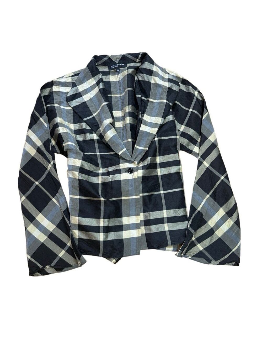90s Vintage Plaid Silk one button bow back shirt black large